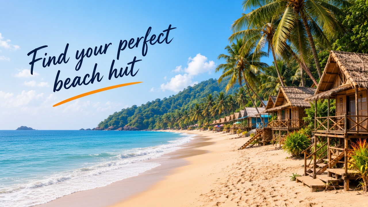 Thatched beach huts along a Goa shoreline with the words Find your perfect beach hut