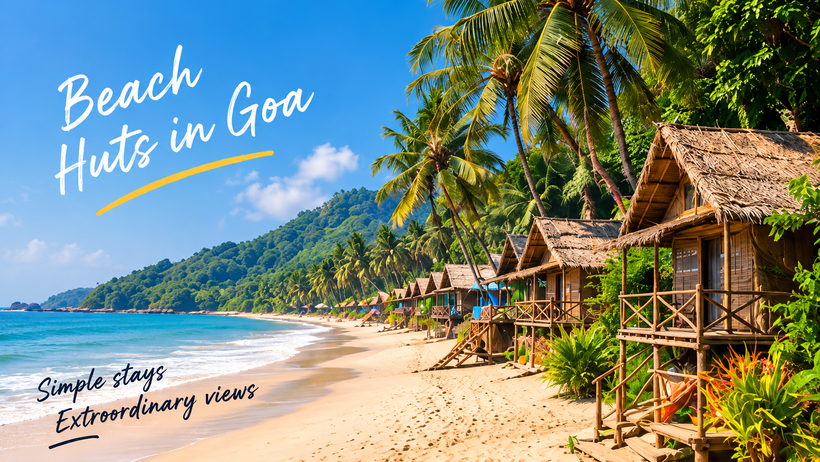 Palm-lined beach huts along a Goa shoreline