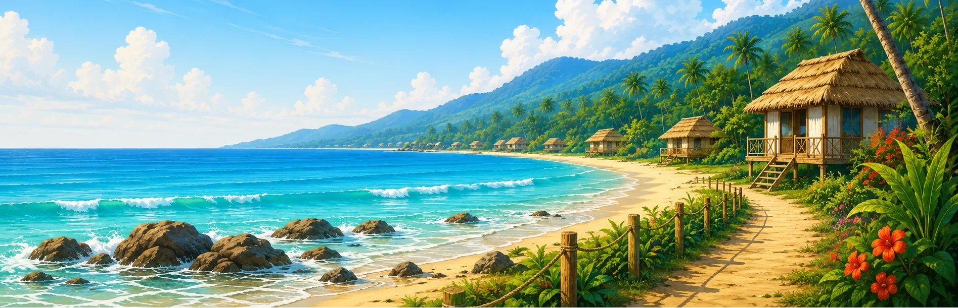 Beach huts along a palm-lined Goa shoreline