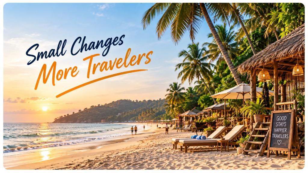 Sunset beach hut with lounge chairs and the words Small Changes, More Travelers