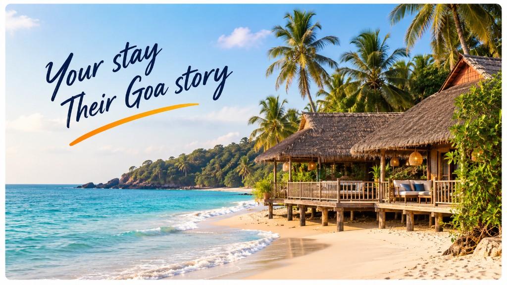 Beach huts on a Goa shoreline with the words Your stay, Their Goa story