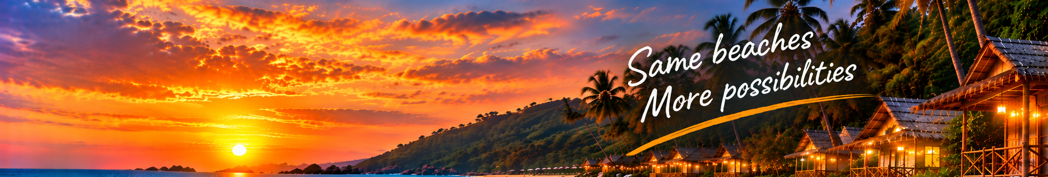 Sunset over beach huts along a Goa shoreline